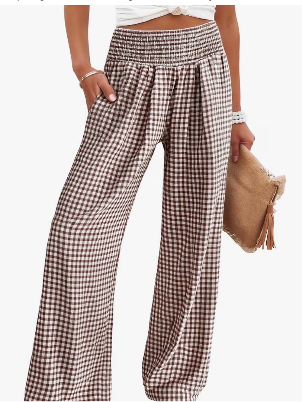 Smocked Waist Brown Gingham Wide-Leg Pants W/Pockets Size Small